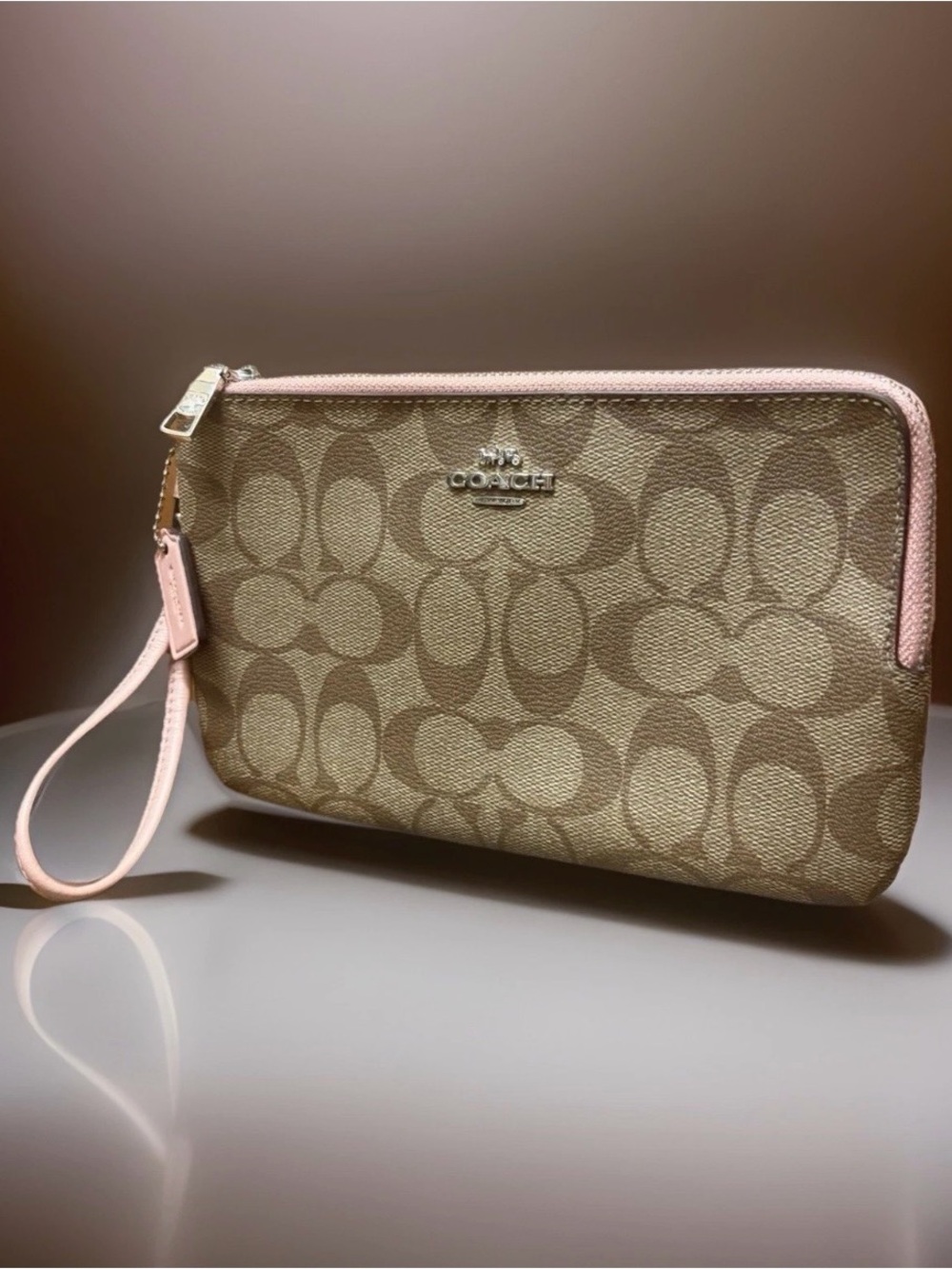 Coach Signature Brown Canvas With Pink Trim Double Zip Wristlet